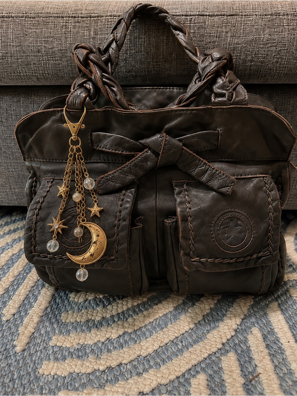 Rare Y2K Brown Leather Cargo Pocket Bow Handbag